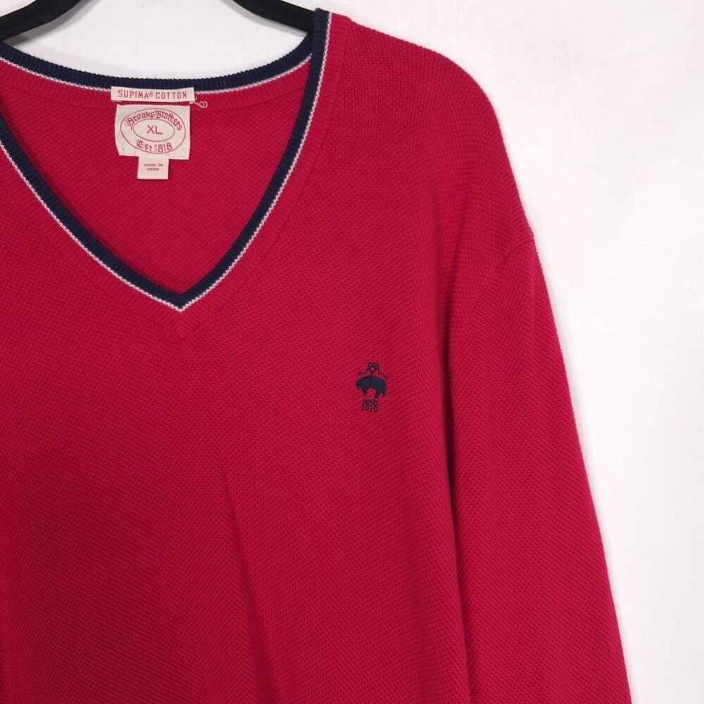 VTG Brooks Brothers Knit Pullover Sweater Men’s XL Red Supima Cotton V Neck Logo - Picture 6 of 9